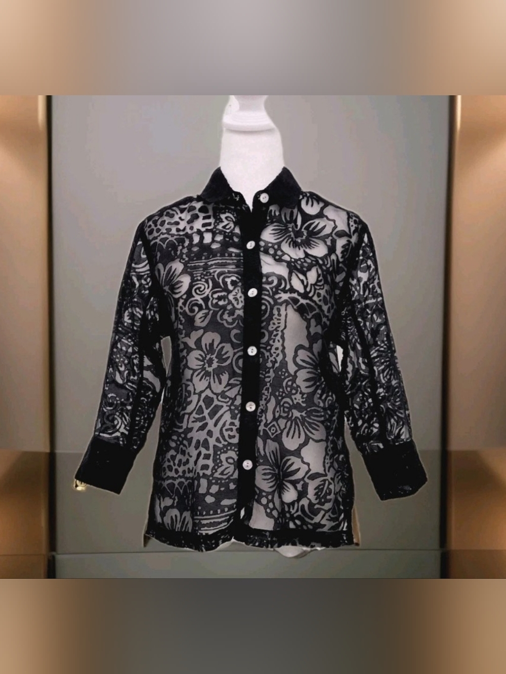 West End Sz PM Women's Black Sheer Floral Lace Button-Down Blouse
